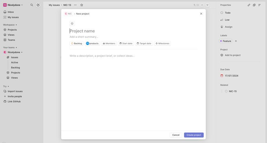 Linear
			 task management sidebar navigation project management form project setup project creation sidebar new date picker ui page example
