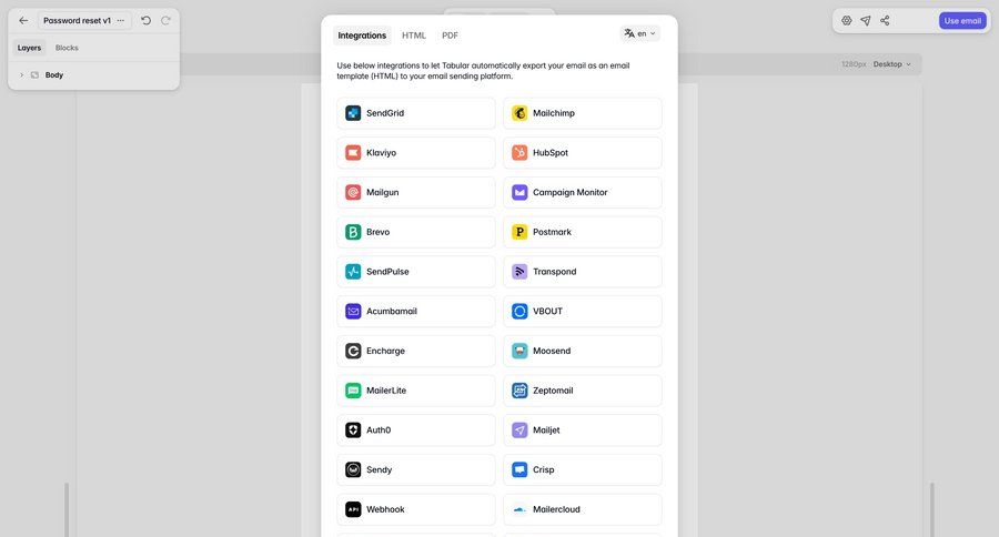Tabular
			 settings grid automation integration setup email integration ui page example