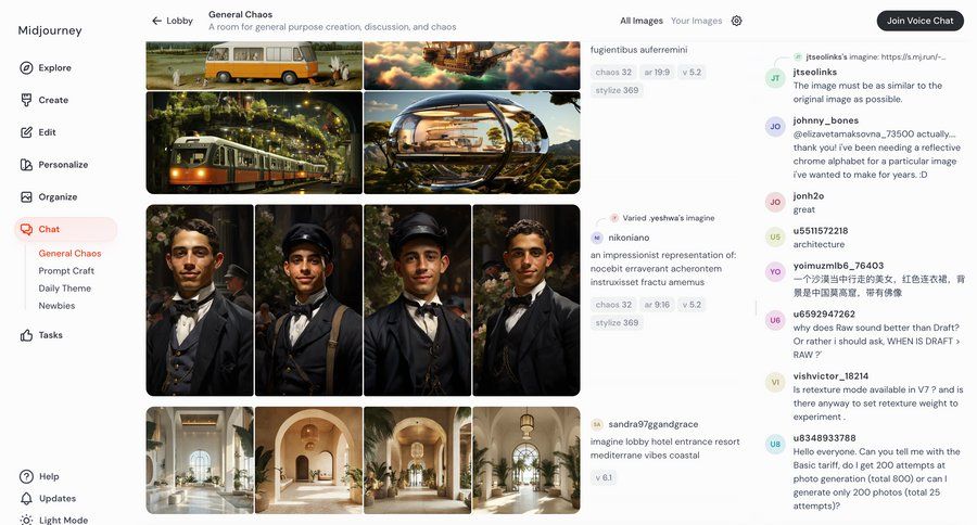 Midjourney
			messaging collection sidebar navigation artificial intelligence grid design chat social feed image gallery chat interface ui page example