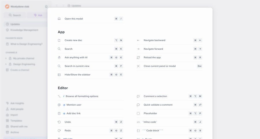 Slite
			modal & popover changelog command palette keyboard shortcuts editor keyboard shortcuts ui page example