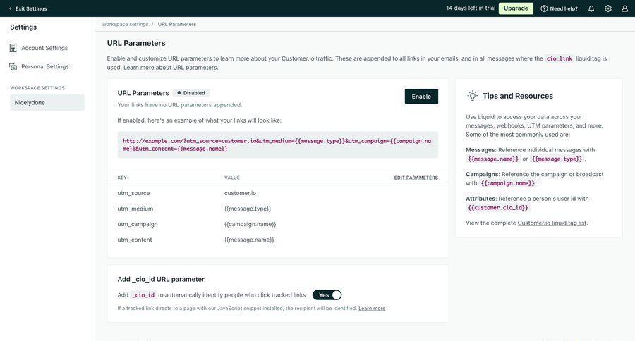 Customer.io
			 configuration settings sidebar navigation form workspace settings sidebar parameters modern table ui page example