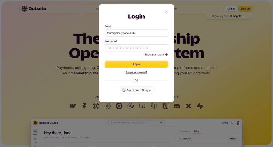 Outseta
			 e-commerce dashboard form authentication dashboard overview login testimonials ui page example