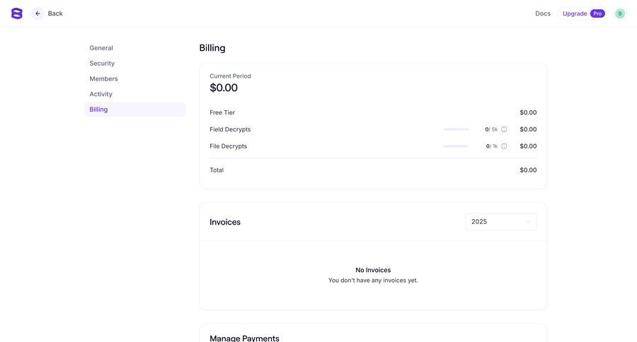 Evervault
			billing settings sidebar navigation account management progress indicator account settings free tier billing history sidebar progress bar version history version control ui page example