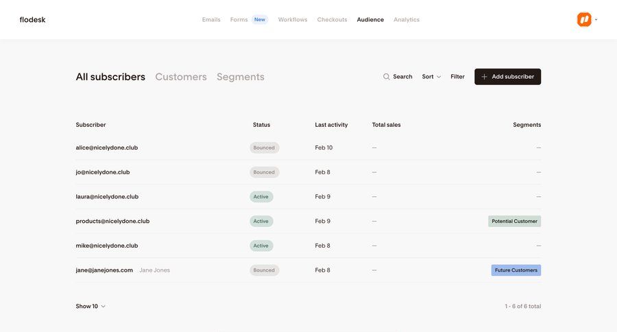 Flodesk
			 e-commerce audience management filter controls data display lists filter options filter dropdown filter ui table search bar controls ui page example