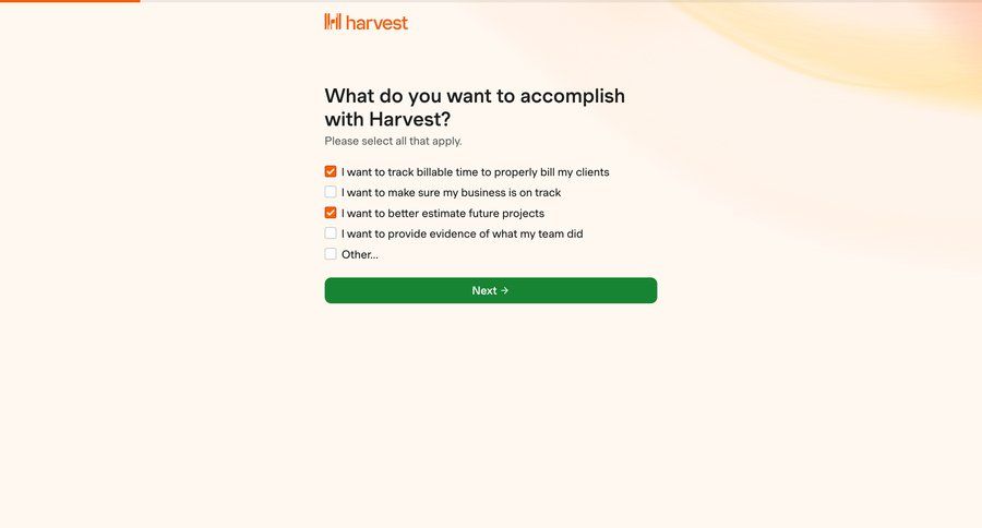 Harvest
				onboarding page example