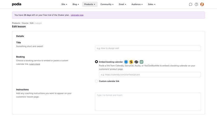 Podia
			 content management form form layout course creation free trial ui page example