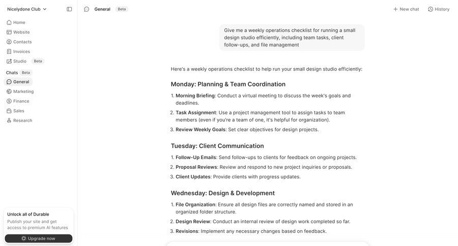 Durable
			 sidebar navigation conversational interface ai chat ui page example