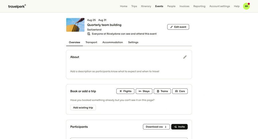 Travelperk
			 event management ui page example