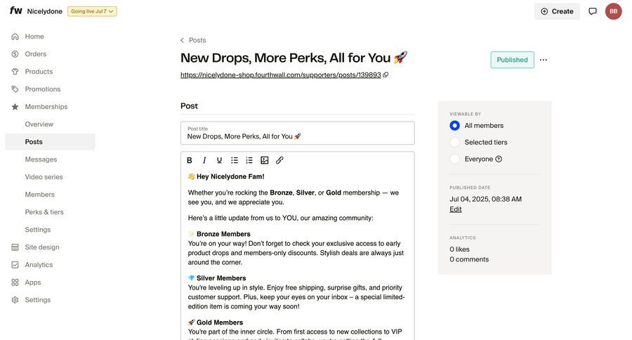 Fourthwall
			 content management e-commerce form full-screen layout tagging sidebar create blog post analytics ui page example