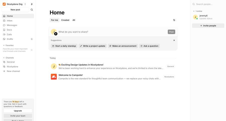 Campsite
			 collaboration sidebar navigation project management onboarding inbox sidebar personal space communication messages menu newsfeed announcement docs chat interface search suggestions suggestion ui page example