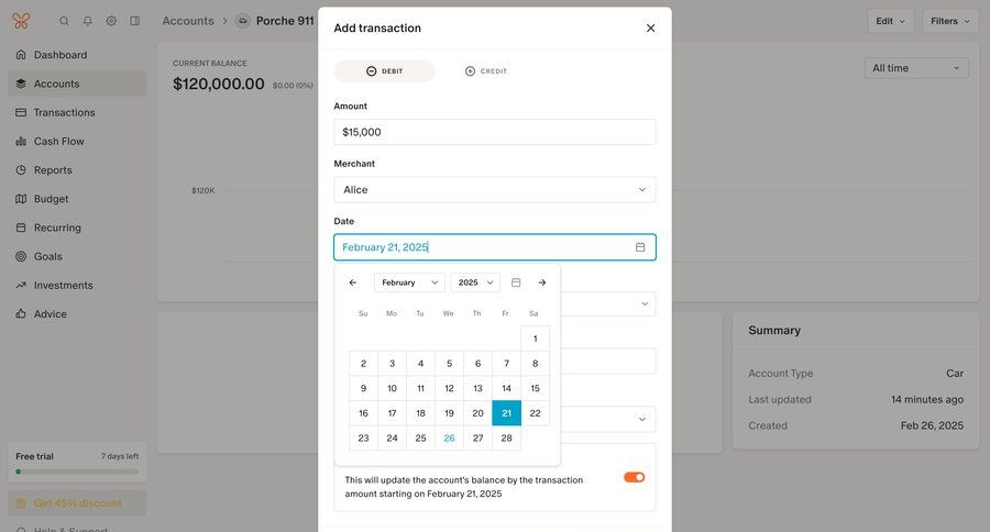 Monarch
			 modal screen account management form finance modal dialog modal finance free trial cancel trial date picker datepicker transaction history ui page example
