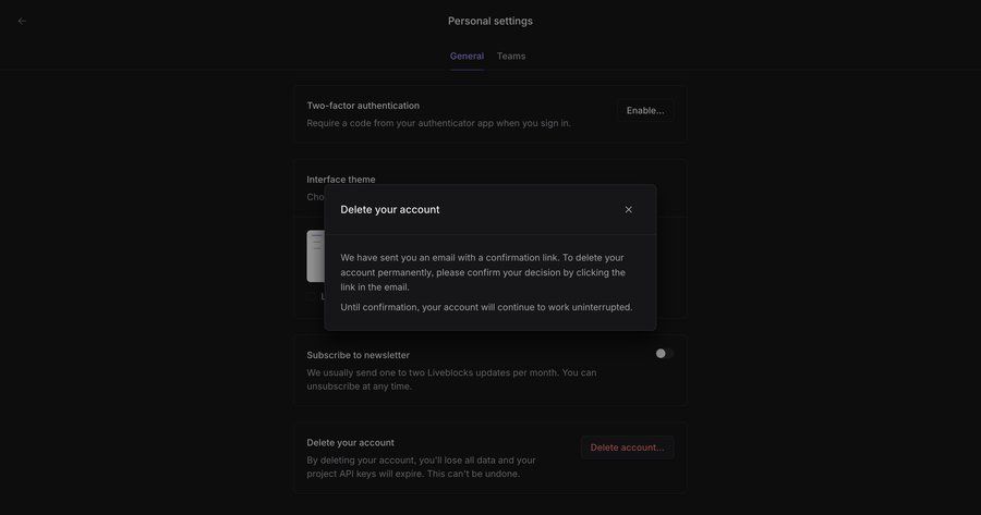 Liveblocks
			 account settings email confirmation ui page example