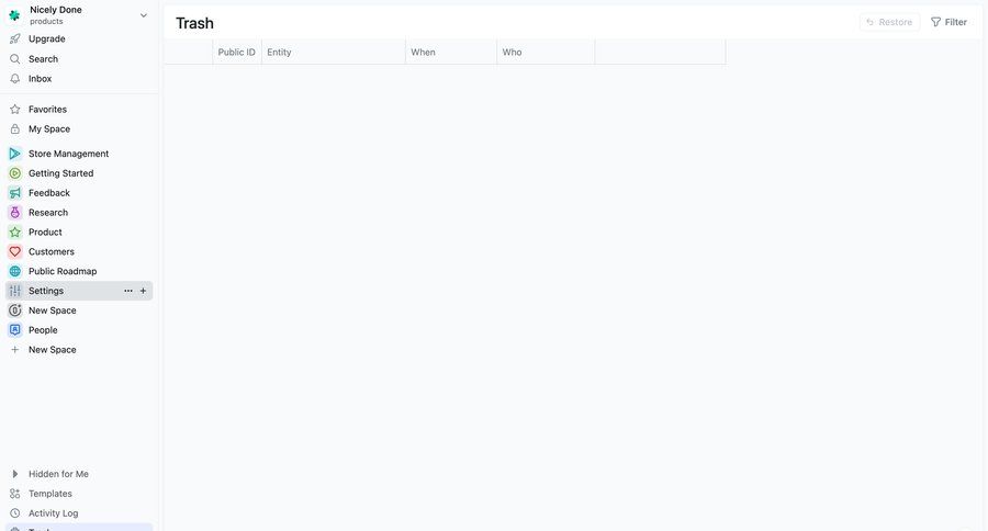 Fibery
			trash & archive data management content management settings sidebar navigation data filtering sidebar menu junk table ui page example