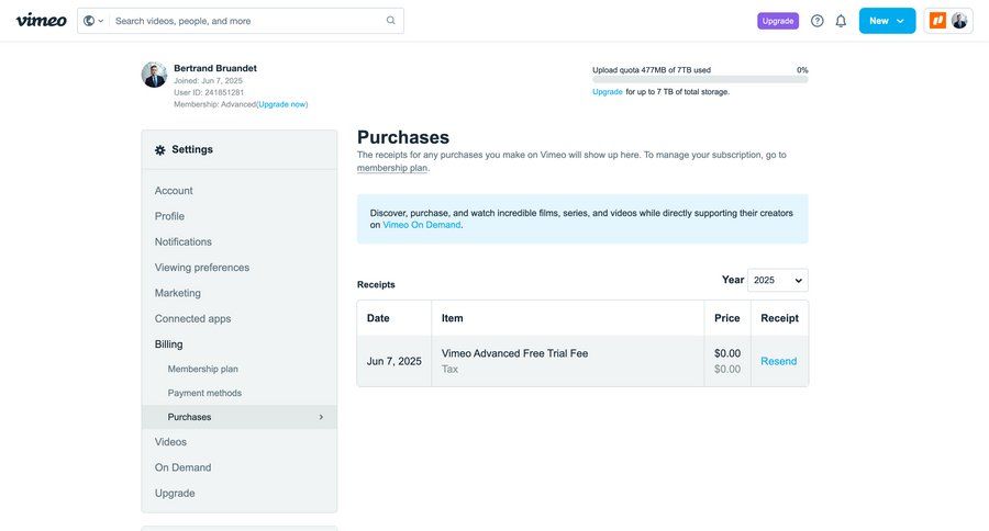 Vimeo
			 account management account settings user account full-screen layout sidebar table transaction history ui page example