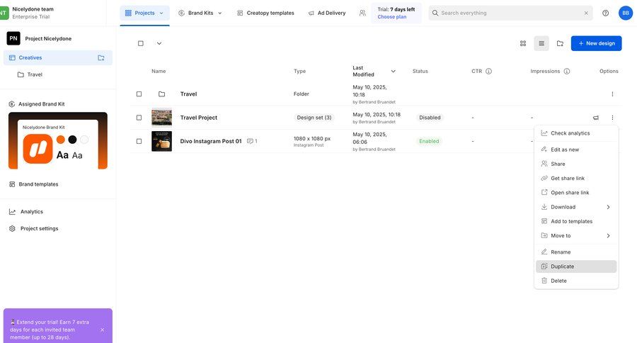 Creatopy
			 collaboration dashboard sidebar navigation project management grid project setup file management sidebar menu table analytics project dashboard ui page example