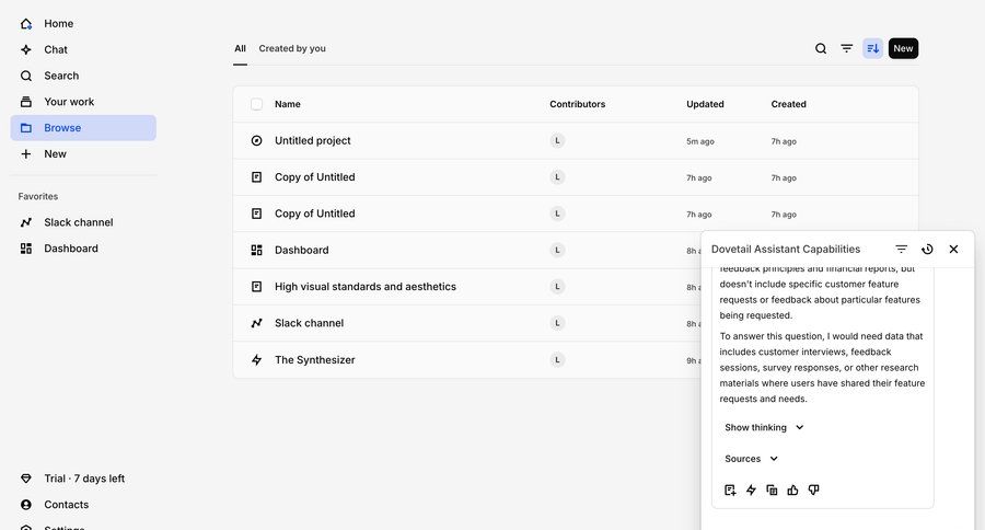 Dovetail
			 document management data analysis conversational interface ui page example