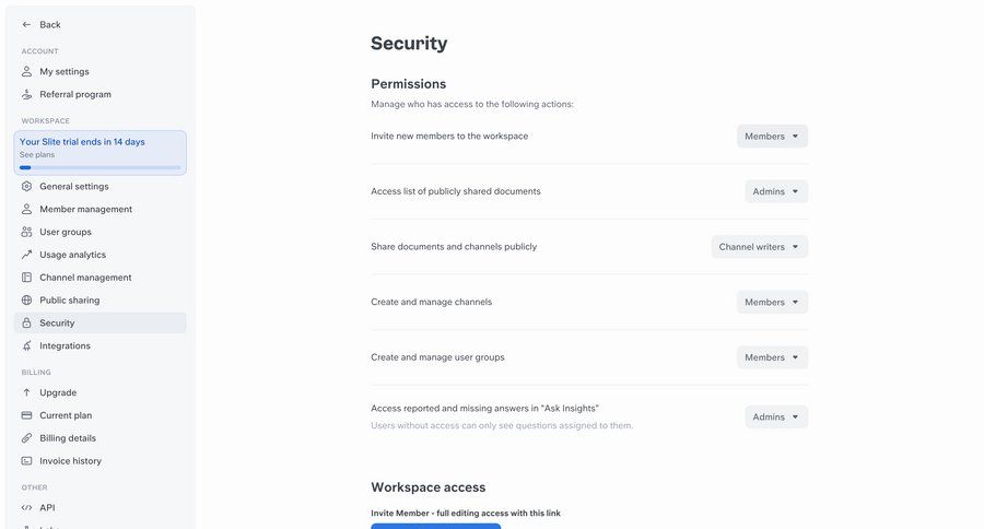 Slite
			 sidebar settings security sidebar navigation permissions permission management configuration workspace settings security configuration trial banner ui page example