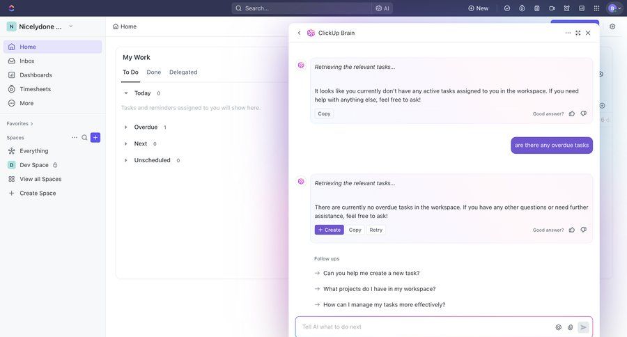 ClickUp
			 task management modal screen dashboard sidebar navigation project management artificial intelligence ai assistance sidebar chat interface task management dashboard modern ai chat ui page example