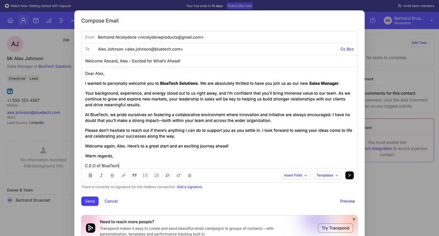 Capsule
			detail page content editor form modal & popover email compose email communication ui page example