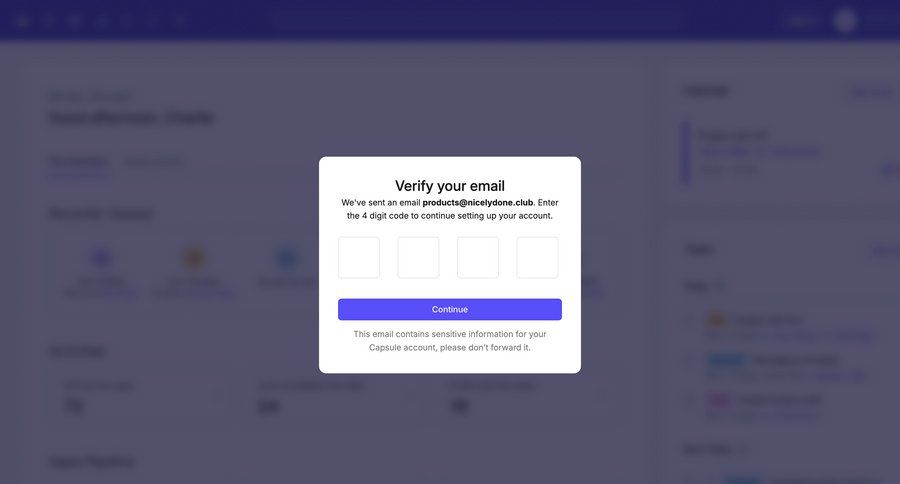 Capsule
			signup onboarding form modal & popover verification modal screen onboarding form authentication email email verification ui page example