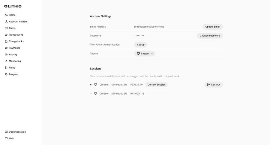 Lithic
			 account settings password management ui page example