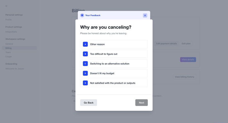 Jasper
			modal & popover cancel subscription settings account management form account settings subscription management feedback collection user feedback payment history billing history ui page example