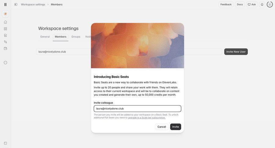 Elevenlabs
			 workspace settings user invitation team management ui page example