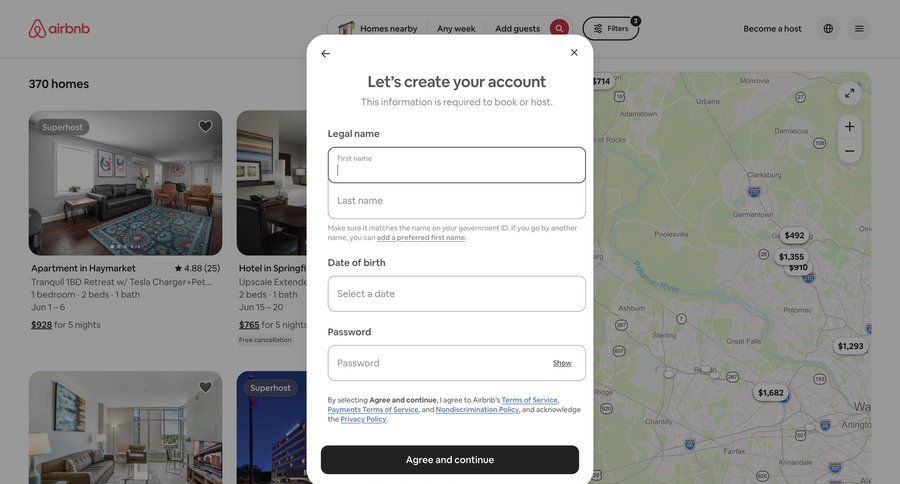 Airbnb
			signup account settings account creation ui page example