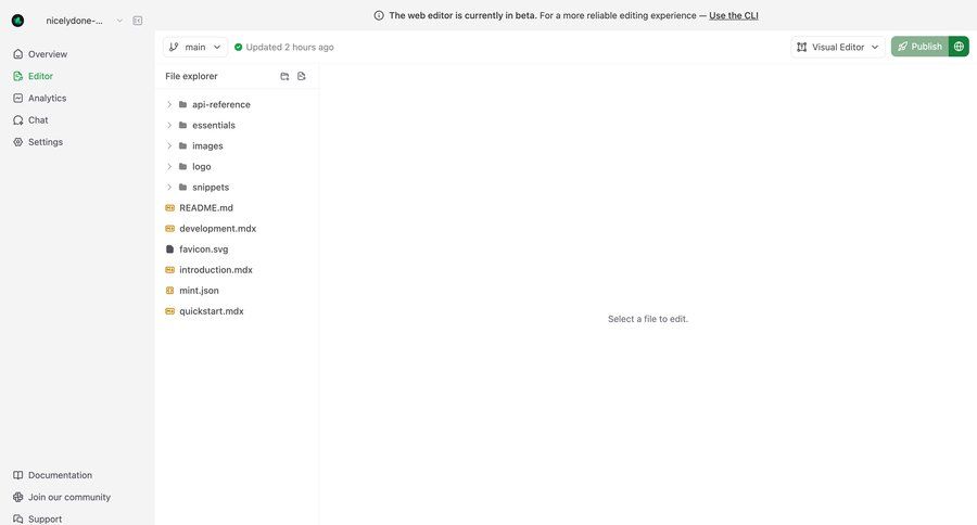 Mintlify
			 content management sidebar navigation editor tree view file management sidebar navigation menu version control ui page example