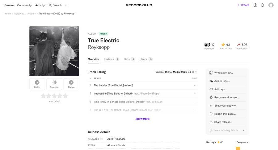 Record club
			 lists information page menu review ui page example
