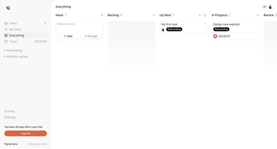 Marathon
			 task management dashboard sidebar navigation project management kanban board project tracking inbox sidebar progress review time tracking ui page example