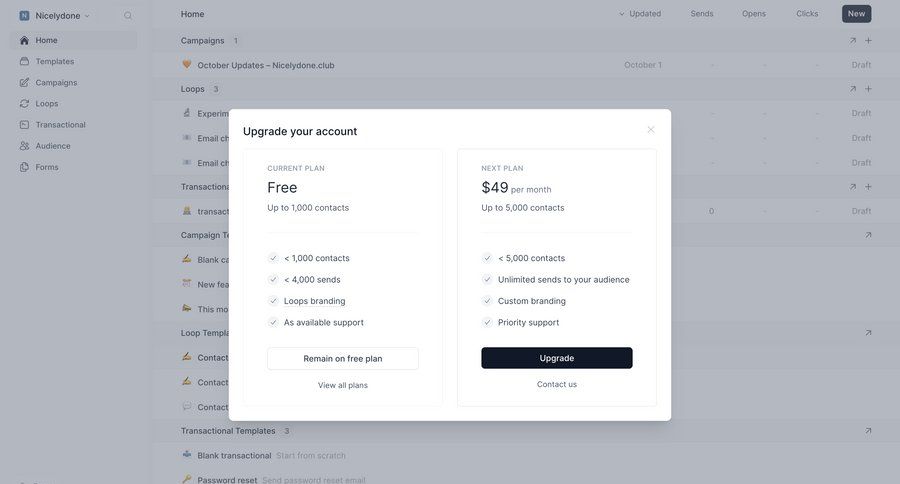 Loops
				plans & pricing (in app) ui page example