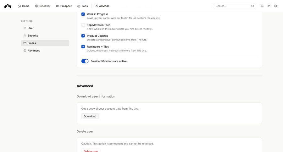 The org
			 settings sidebar navigation account management account setup account deletion notification management email sidebar preferences ui page example