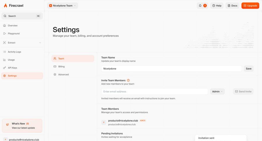 Firecrawl
			 settings sidebar navigation user management form save changes ui page example