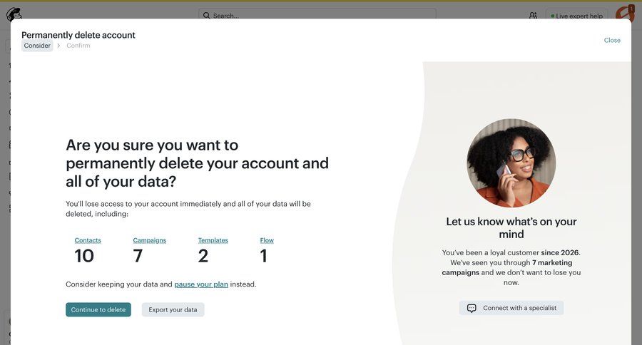 Mailchimp
			 user settings data export account deletion ui page example