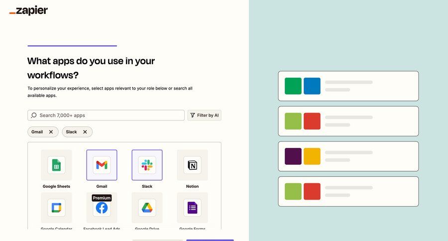 Zapier
			 onboarding form workflow automation full-screen layout search bar ui page example