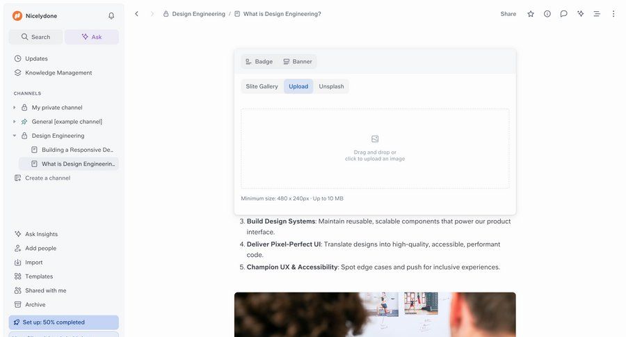 Slite
			list detail page content editor upload documentation collaboration editor upload image documentation ui page example