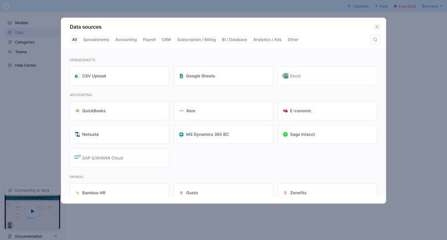 Causal
			 data management integration setup data import data integration modal screen accounting integrations modal finance ui page example