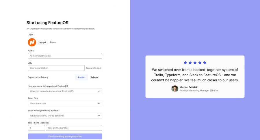 FeatureOS
			 onboarding form account setup account creation file upload form layout ui page example