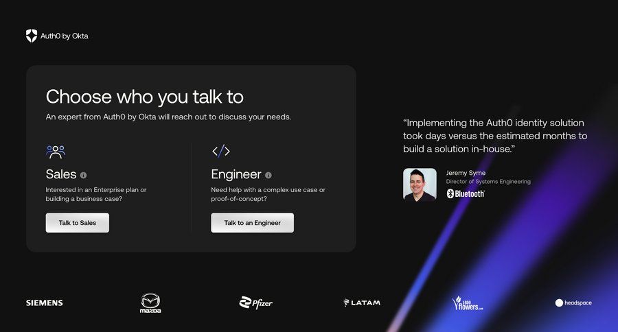 Auth0
			 dark theme customer engagement contact us modern ui page example