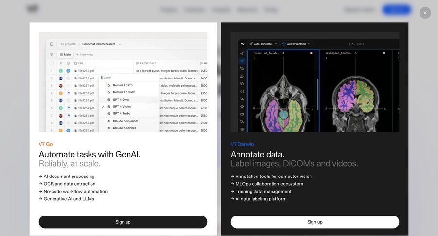 V7
			 modal screen artificial intelligence file management product discovery call intelligence call to action homepage home page menu modern table ui page example