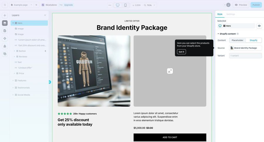 Instant
			checkout product page content management configuration e-commerce editor design real-time preview drag and drop content hierarchy pay features testimonials checkout screen modern ui page example