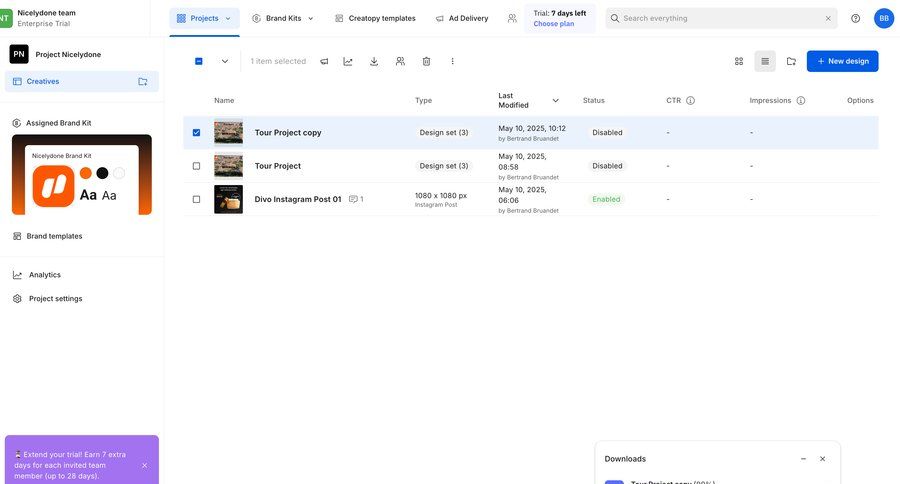 Creatopy
			 collaboration team collaboration dashboard sidebar navigation project management grid design file management project organization project creation sidebar menu download table project dashboard ui page example