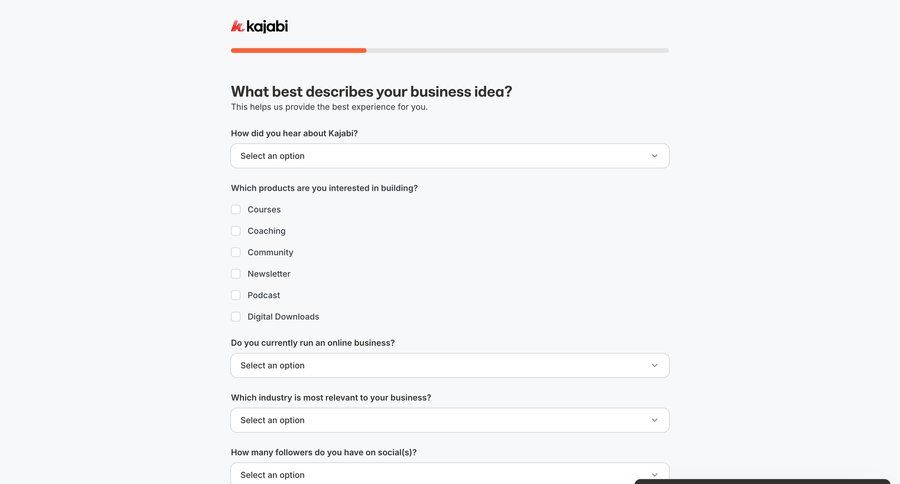 Kajabi
			 onboarding form account setup progress indicator account creation setup on boarding progress bar option menu ui page example