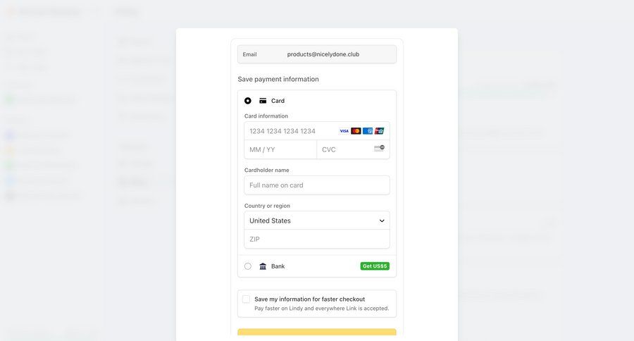 Lindy
			checkout form modal & popover billing settings e-commerce form ui page example