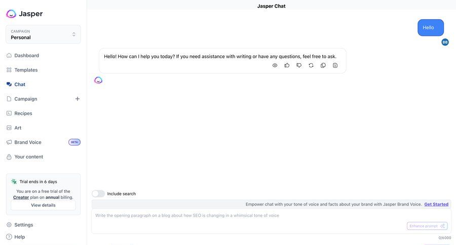 Jasper
			 artificial intelligence sidebar message chat chat interface ai chat ui page example