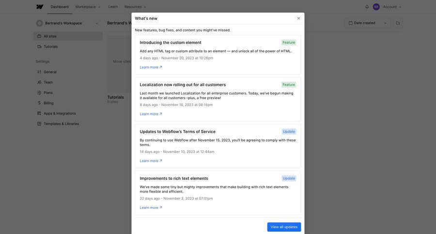 Webflow
				changelog (product) page example