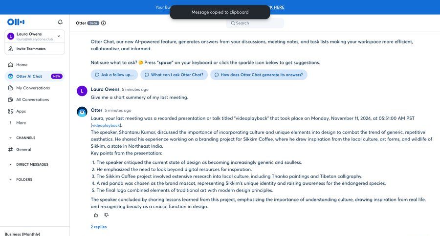 Otter
			 collaboration sidebar navigation artificial intelligence hierarchical content conversational ui ai assistance conversational interface task communication sidebar message communication chat menu tips chat interface voice search suggestions suggestion meeting ui page example