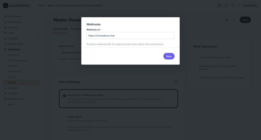 Kajabi
			 configuration settings e-commerce form modal interaction data integration ui page example