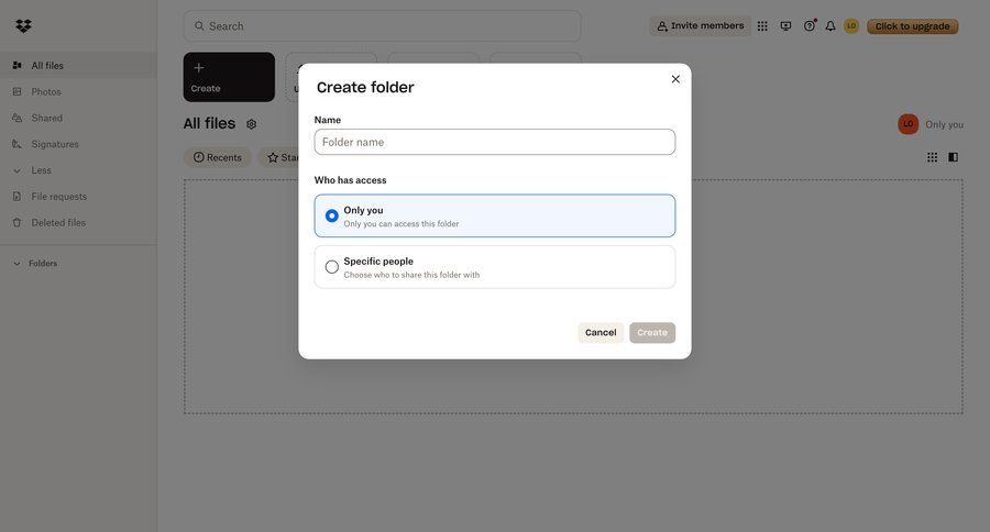 Dropbox
			 content management collaboration form file management access control file organization folder management radio group ui page example